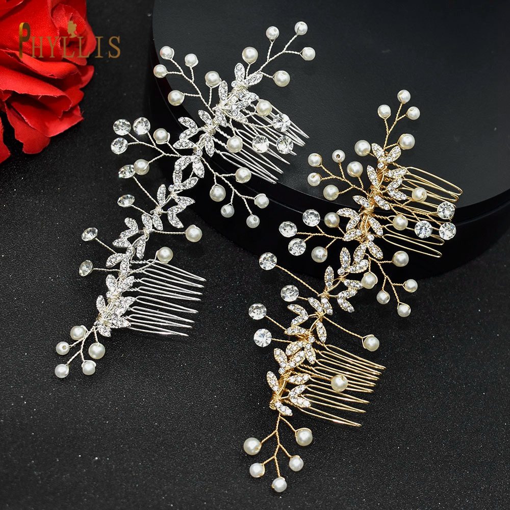 A83 Alloy Leaves Golden Bridal Comb Wedding Hair Accessories Pearl Wedding Headpiece Crystal Rhinestones Hair Clips Women Tiara