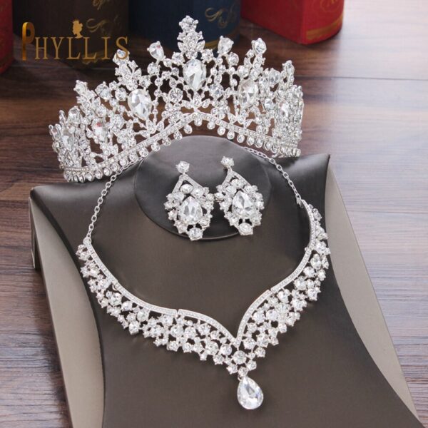 Princess Rhinestone Wedding Crown Earring Necklace Set