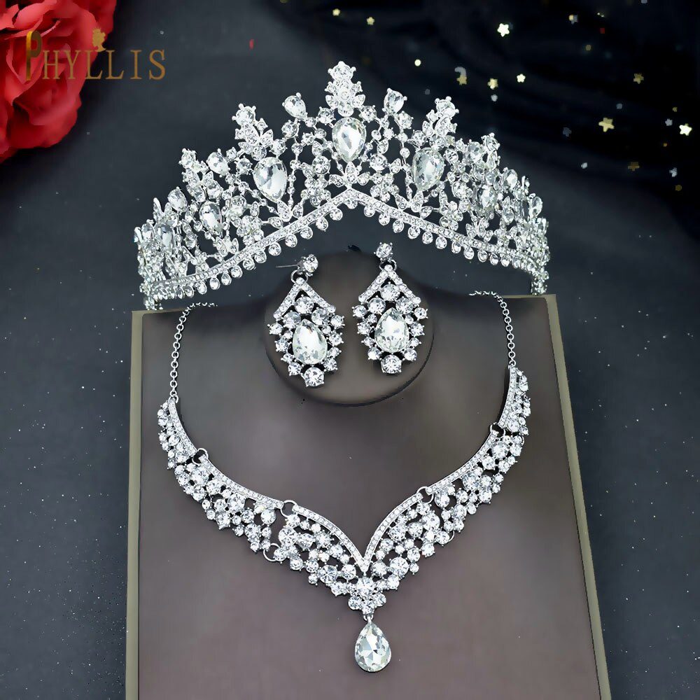 Princess Rhinestone Wedding Crown Earring Necklace Set