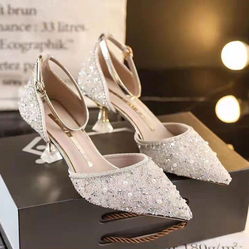 Elegant Ladies Ankle Strap Pumps High Heels Crystal Wedding Shoes Bride for Women 2022 Spring Pointed Toe Luxury Pumps Woman