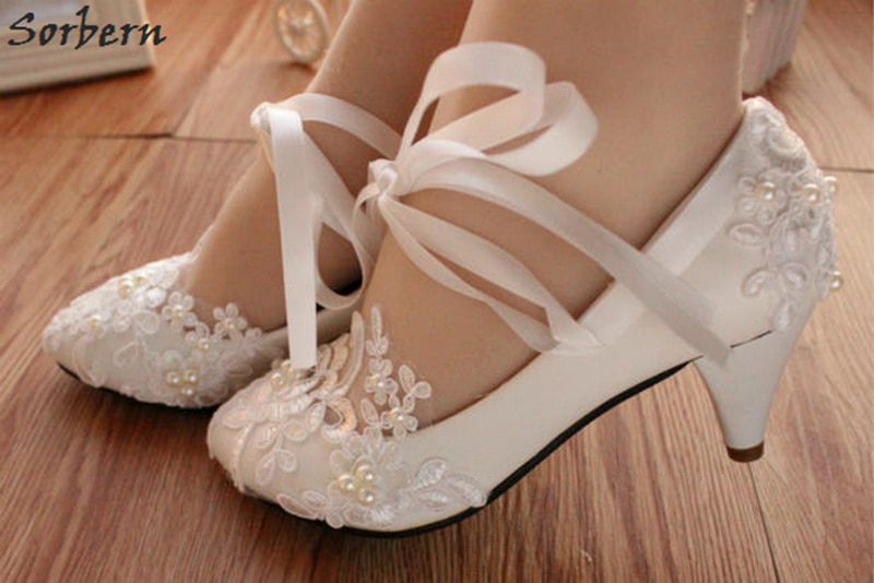 White Lace Appliques Beaded Bridal Shoes