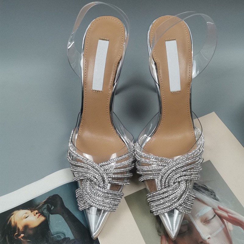 Summer Pointed Crystal Fairy Ladies Sexy Wind Sandals Rhinestone Transparent High Heel Banquet Wedding Women Sandal Fashion Shoe