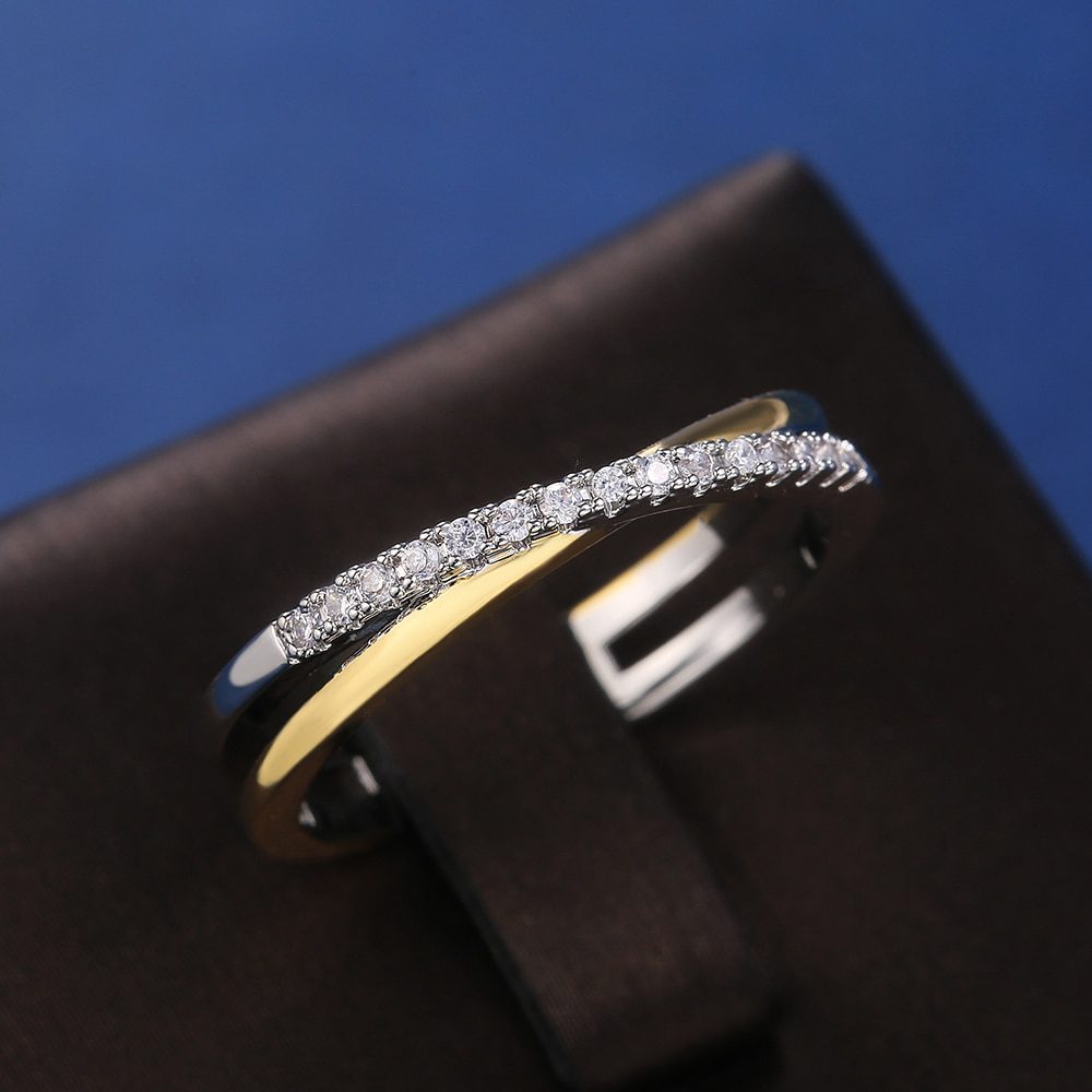 Huitan Classic Simple X Shape Cross Women Ring Luxury CZ Stone Mix Metal Color High Quality Wedding Ring Daily Versatile Design