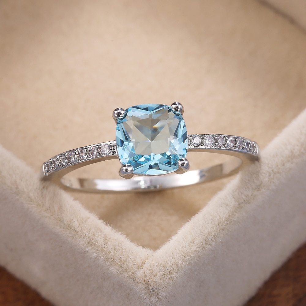 Square Blue Minimalist Engagement Jewelry Ring