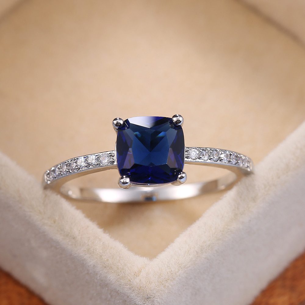 Square Blue Minimalist Engagement Jewelry Ring