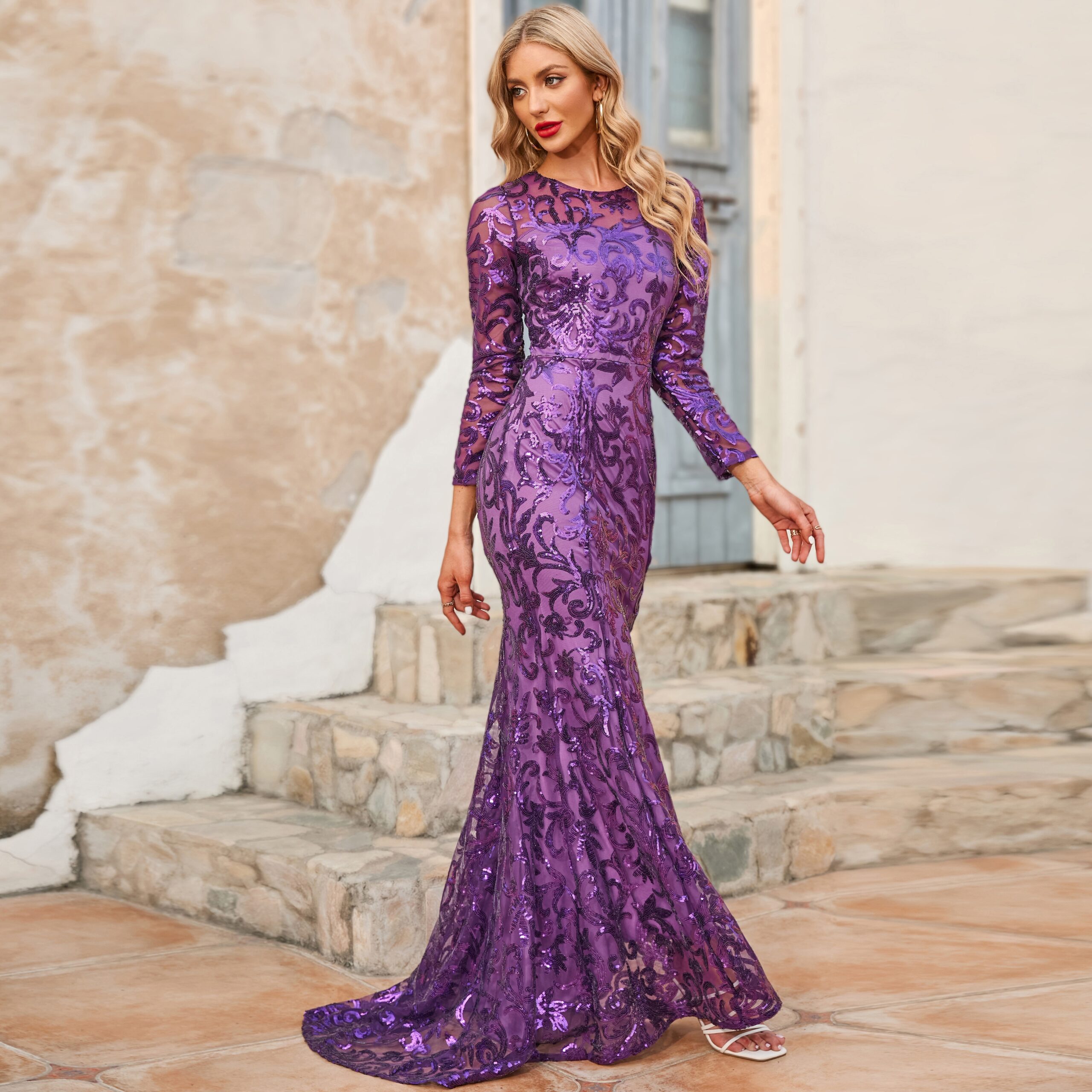 Long Sleeve Sequins Shinning Mother Of The Bride Dress