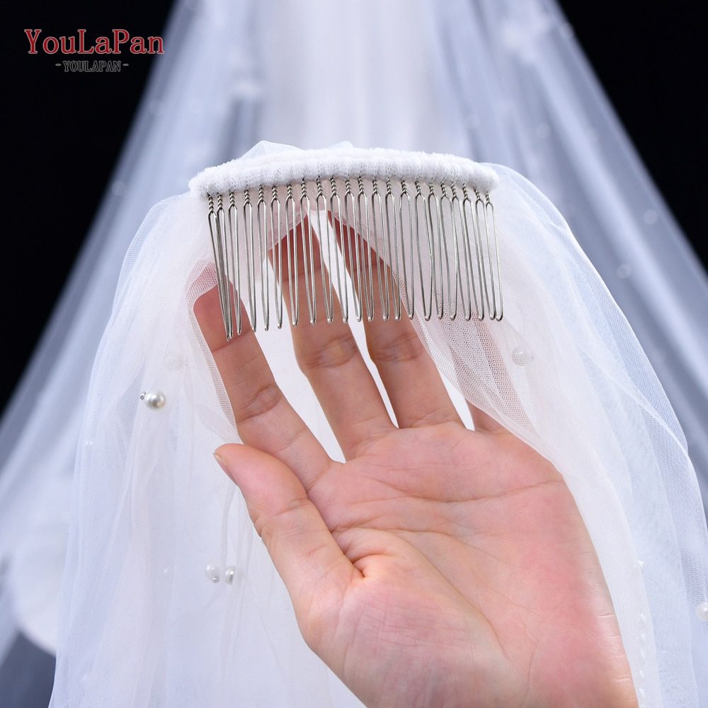 YouLaPan V05 Luxury Bridal Tulle Bridal Veil Pearl Wedding Veil with Hair Comb 1 Tier Long Wedding Veil Cathedral Wedding Veil