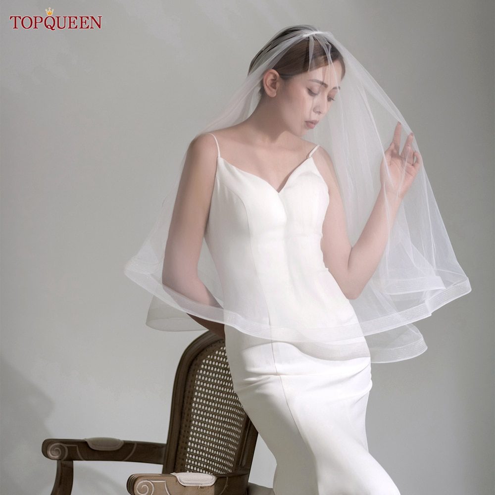 TOPQUEEN V69 Wedding Veil Fingertip Veil Two Tier Minimalist Bride Veil with Blusher Bridal Veils with Comb Dress Veil for Bride