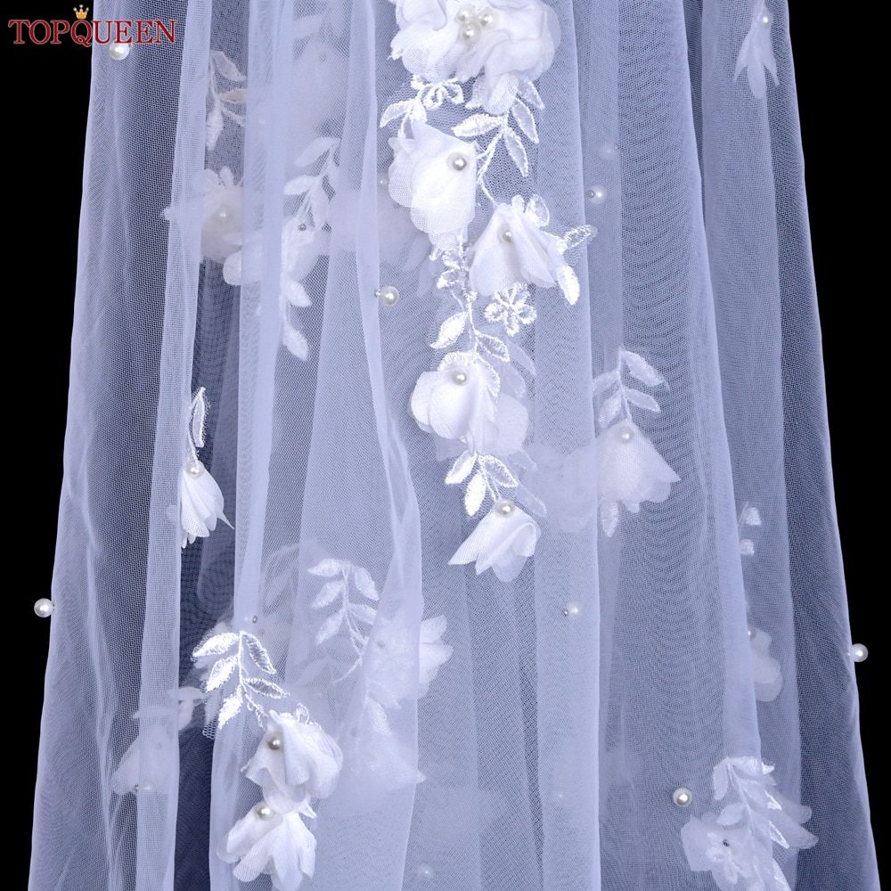 3D Flowers Wedding Veil with Pearls