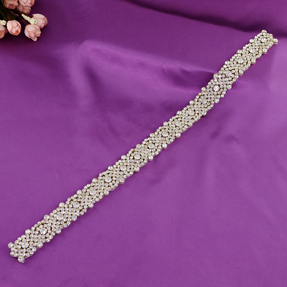 TOPQUEEN S28B Handmade Bridal Crystal Trim Shiny Rhinestone Applique DIY Iron On Wedding Dress Belts Decoration Patch Sparkly