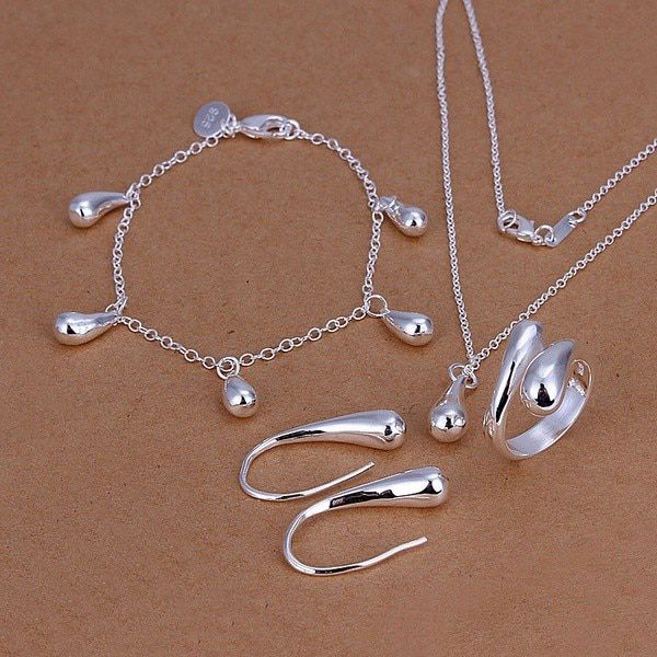 Silver Classic Drop Bracelet Earrings Necklace Ring Wedding Jewelry Set
