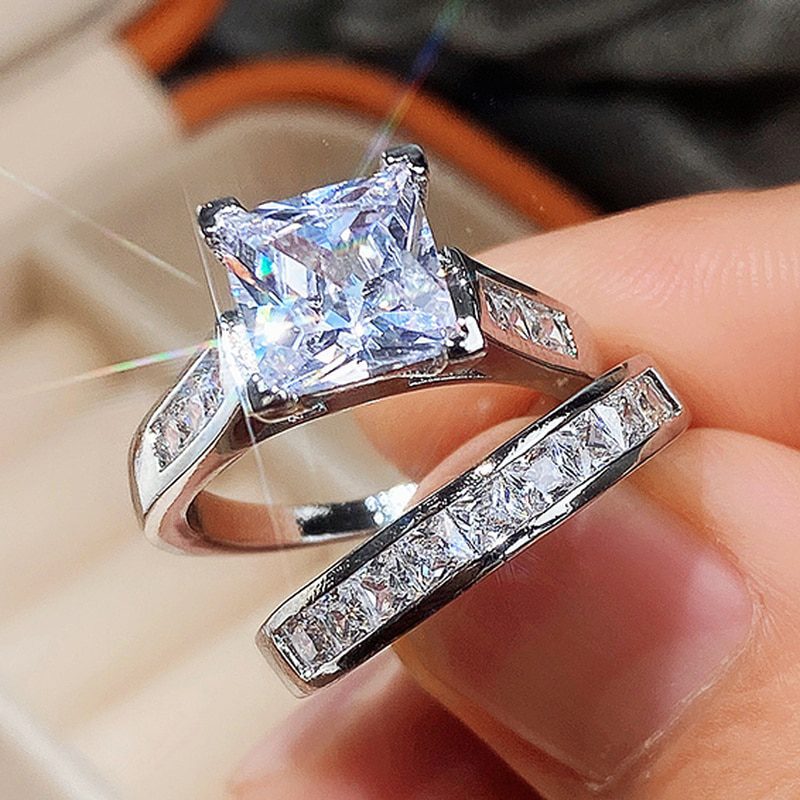 CAOSHI Fashion Wedding Ring Set for Women Dazzling Square Zirconia Luxury Lady Accessories Set Trendy Delicate Bridal Jewelry