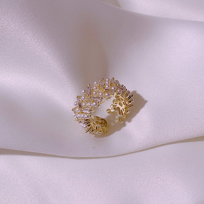 High Quality Pearl Zircon Gold Color Rings For Woman 2022 New Fashion Korean Jewelry Luxury Party Adjustable Unusual Girl's Ring