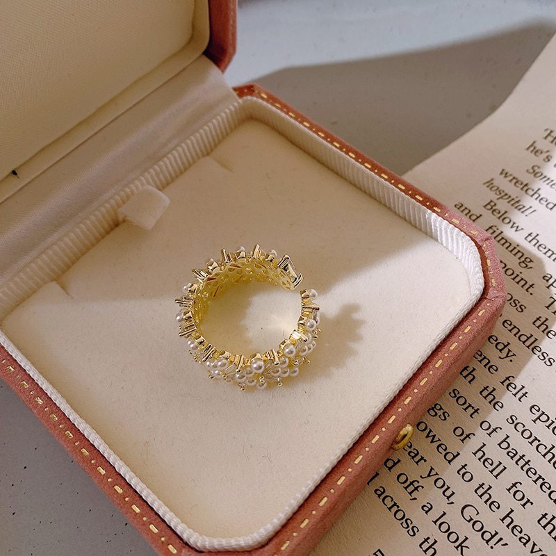 Pearl Zircon Gold Adjustable Ring