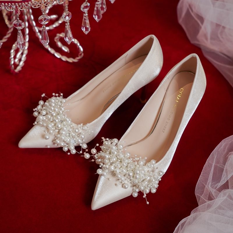 2021new French-Style Bride Bridesmaid Shoes White Pearl Stiletto Heel High Heels Wedding Shoes for Women zapatillas mujer