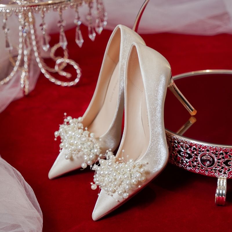 2021new French-Style Bride Bridesmaid Shoes White Pearl Stiletto Heel High Heels Wedding Shoes for Women zapatillas mujer