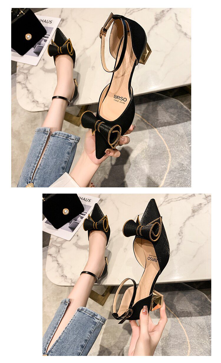 2022 New Pointed Toe Retro Shiny Bow High Heels Summer Ladies Wedding Bridesmaid Party Stiletto Pumps Shoes Women Shoes Heels