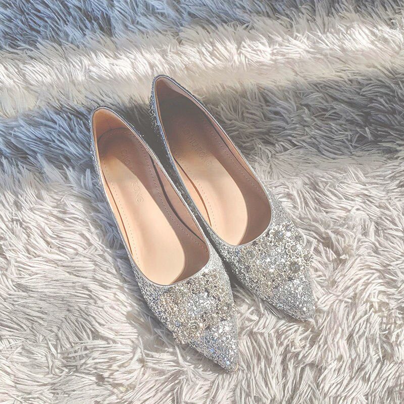 Silver mixed color flats wedding shoes women shine slip on ballerina shallow loafers elegant bridesmaid ballet shoes plus size42