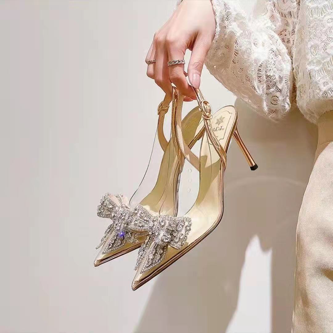 Bow Rhinestone Pointed Toe High Heels Stiletto Wedding Sandals
