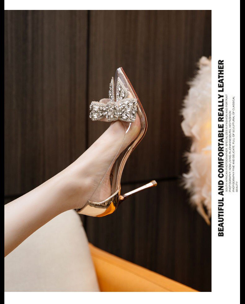 Bow Rhinestone Pointed Toe High Heels Stiletto Wedding Sandals