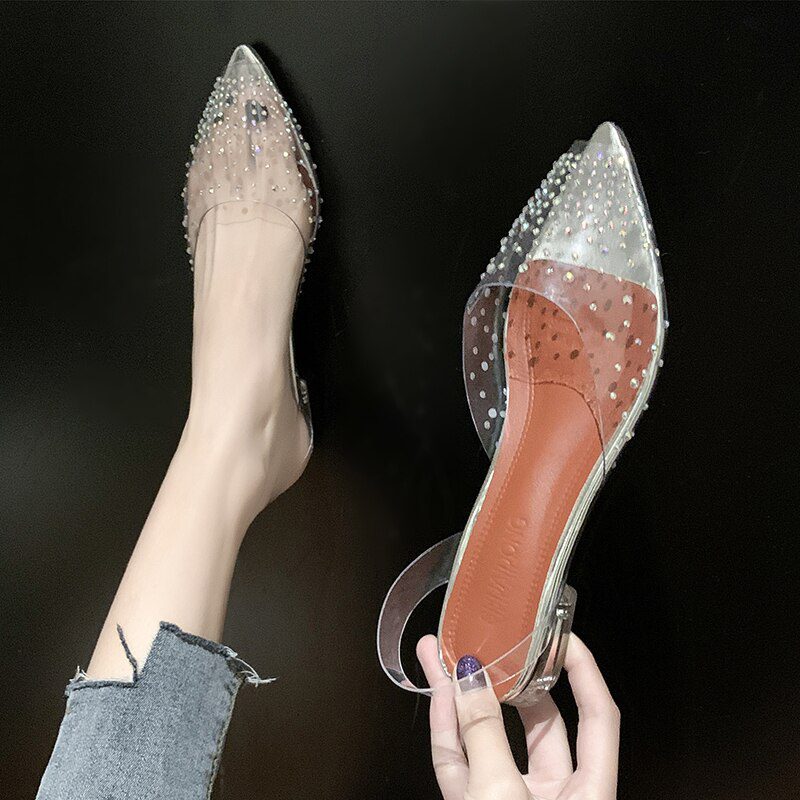 New PVC Transparent Women Pumps Sandals Crystal Mid Heels Pumps Rhinestone Pointed Toe Women Bridesmaid Wedding Shoes s162