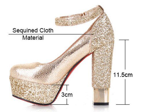 Silver Wedding Bridesmaid Women Platform Pumps High Chunky Block Heels Gold PU Sequined Cloth Party Ankle Strap Red Ladies Shoes