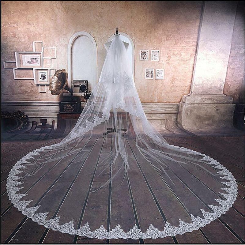 White Ivory Cathedral Wedding Veil Long Lace Edge Bridal Veils Comb veli Two Layers wed veil Blusher Veil Wedding Accessories
