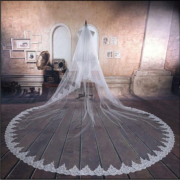 White Ivory Long Lace Edge Cathedral Wedding Veil