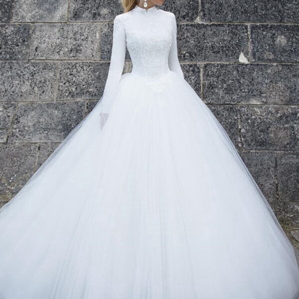 White/Ivory A-Line Long Sleeves Appliques Lace Tulle Wedding Dress
