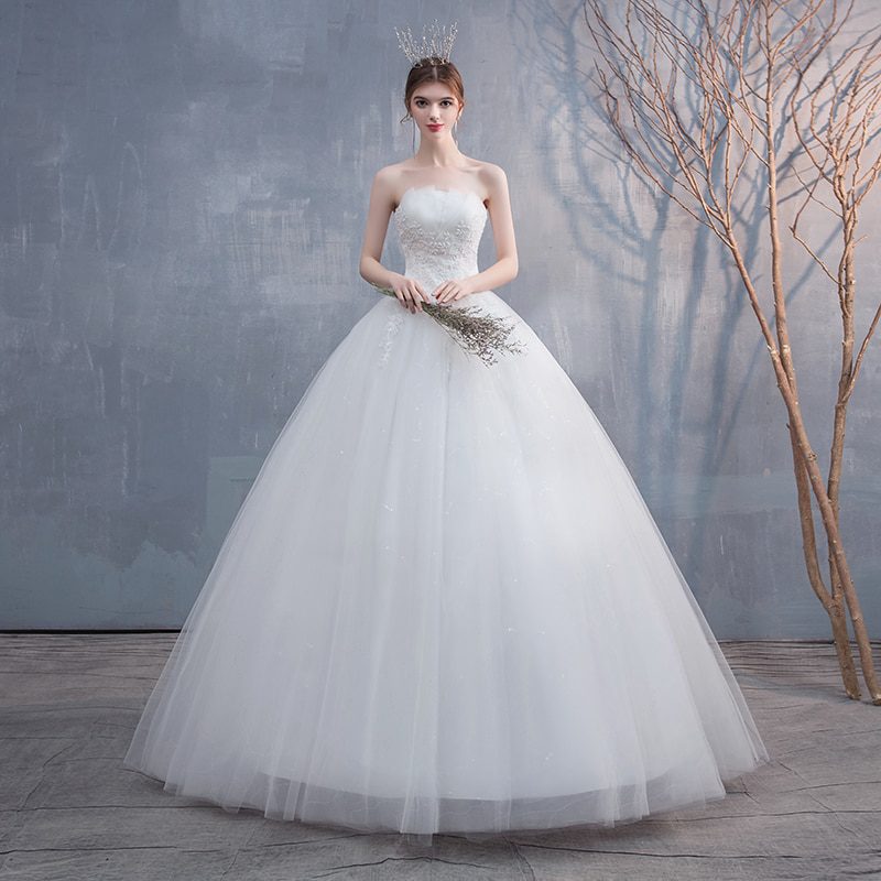 Strapless Appliques Pearls Lace Wedding Dress
