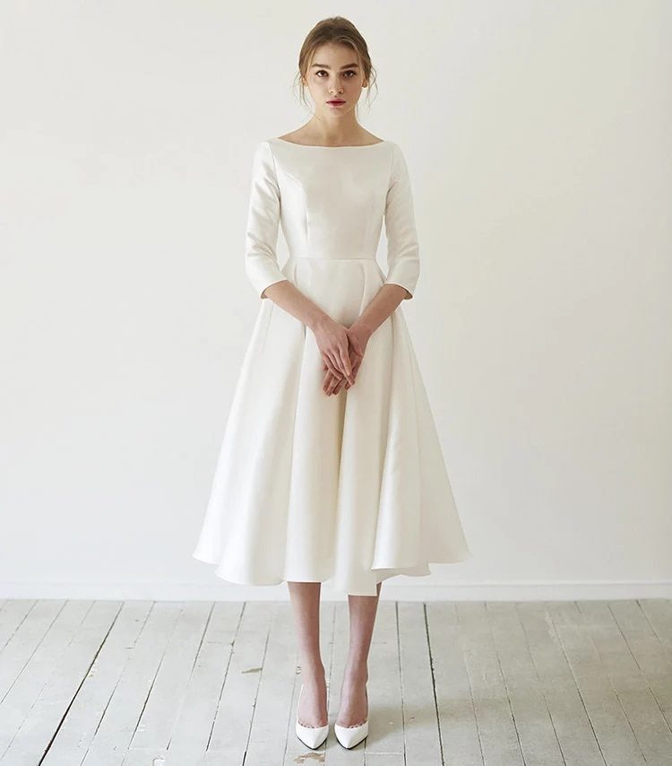 New Simple Wedding Dresses Satin Tea length With Sleeve abendkleider matrimonio vestidosde novia robe-de-mariee Direct China
