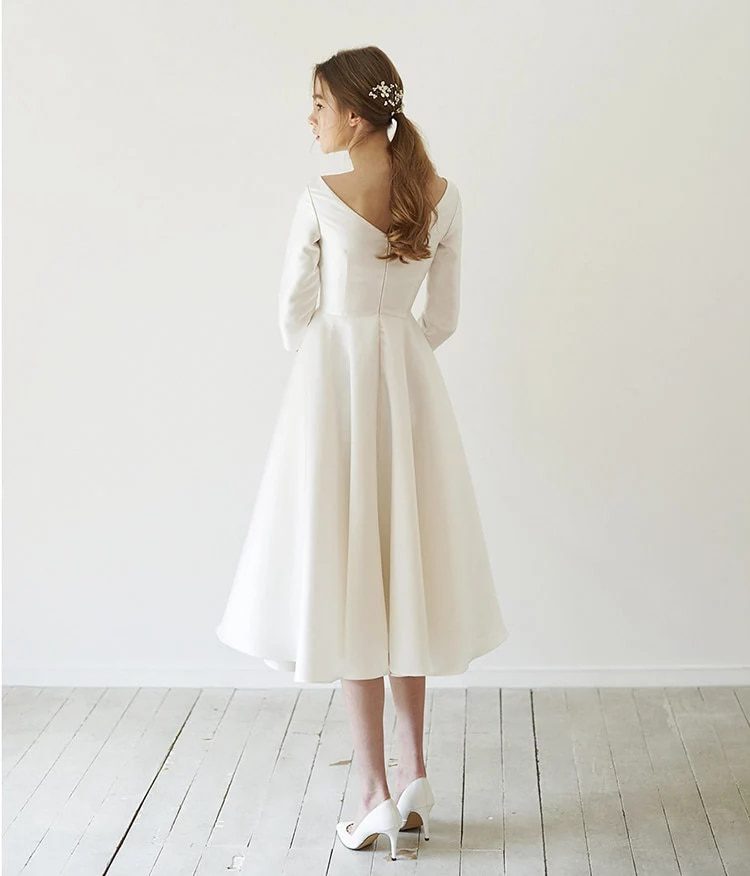 Satin Tea Length With Sleeves Simple Wedding Dress