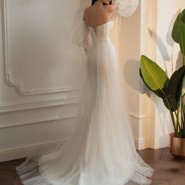 Sweetheart Backless Puff Sleeves Lace Sweep Train Sashes Tulle Ribbons Princess Wedding Dress