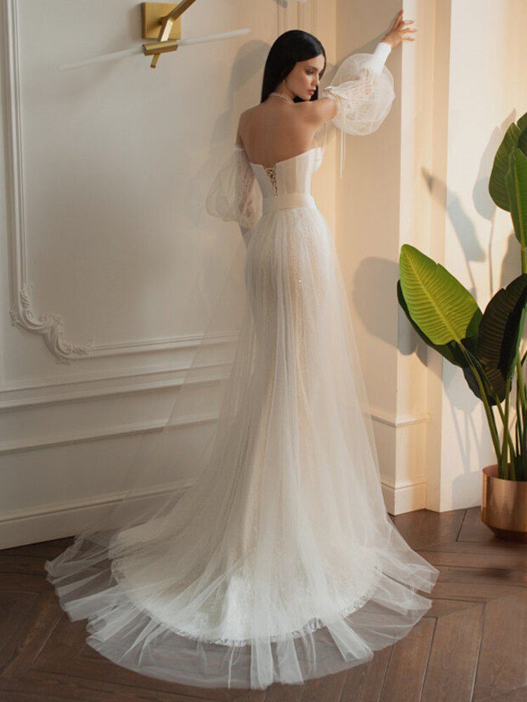 Sweetheart Backless Puff Sleeves Lace Sweep Train Sashes Tulle Ribbons Princess Wedding Dress