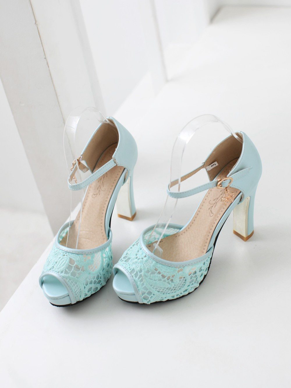 Lace Mesh Fish Mouth High Heel Platform Wedding Shoes