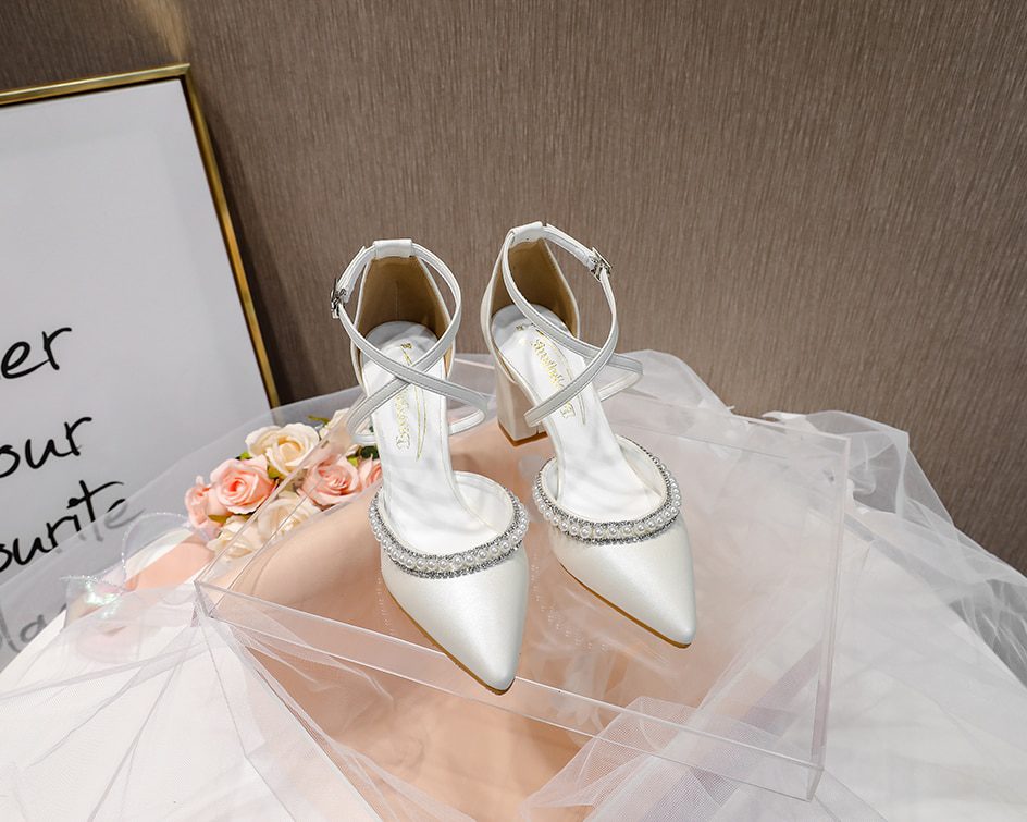 Pearl Rhinestones Thick High-Heeled Pointed Toe Wedding Bride Shoes