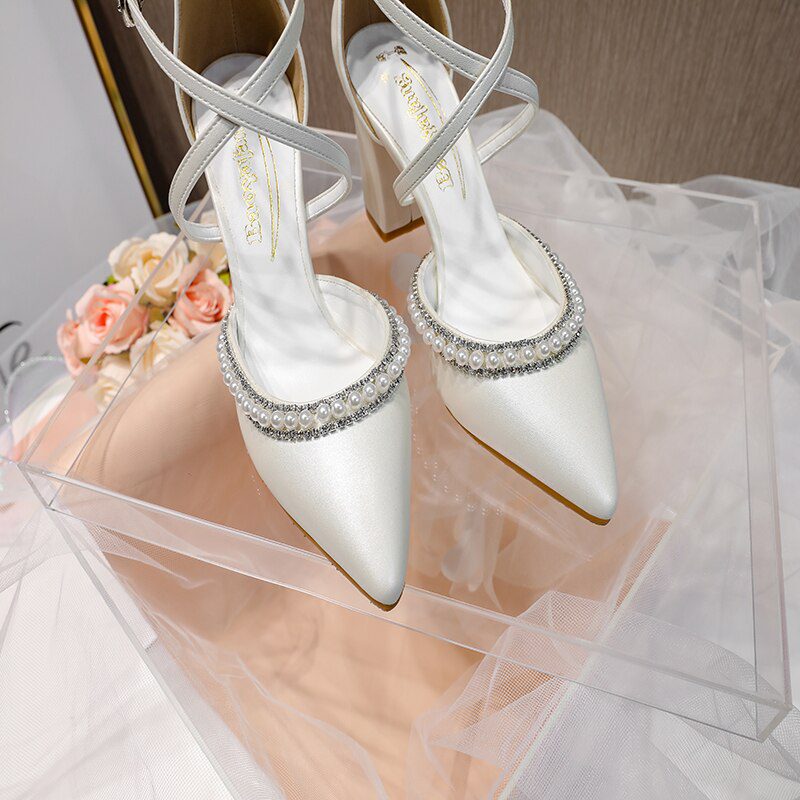 Pearl Rhinestones Thick High-Heeled Pointed Toe Wedding Bride Shoes