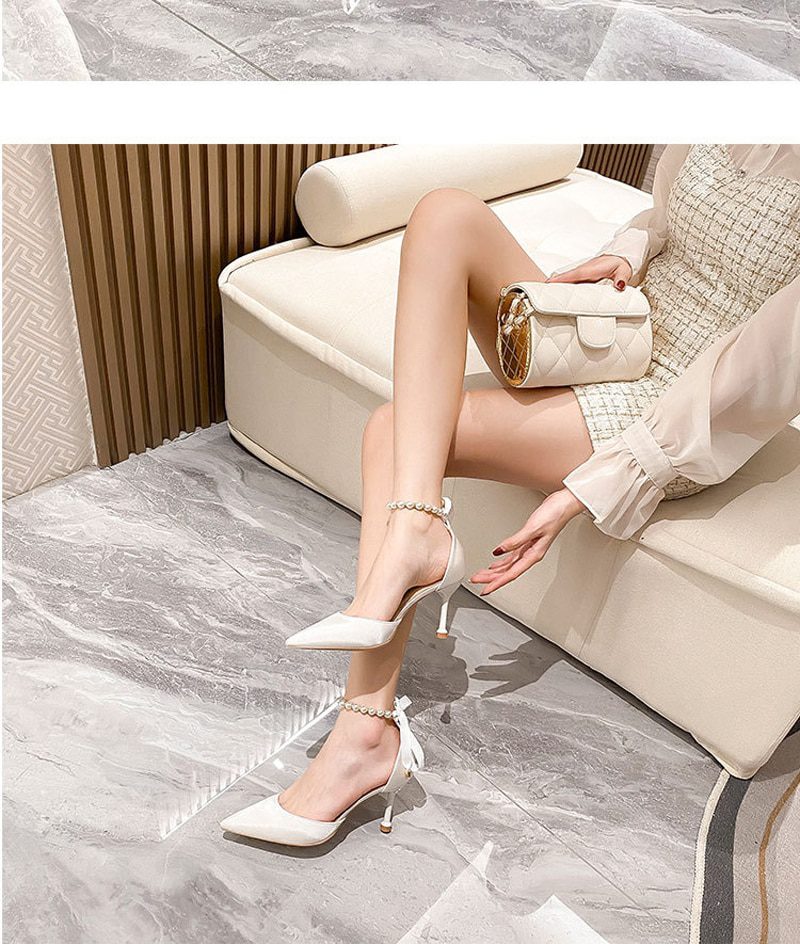 2022 Silk High Heels Pearl Ankle Strap Strappy Pumps Fashion Women Sexy Shallow Pointed Toe Stiletto Dress Wedding Shoes Bridal