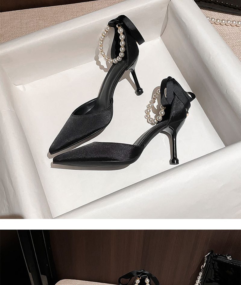 Silk Pearl Ankle Strap Shallow Pointed Toe Stiletto Wedding Shoes