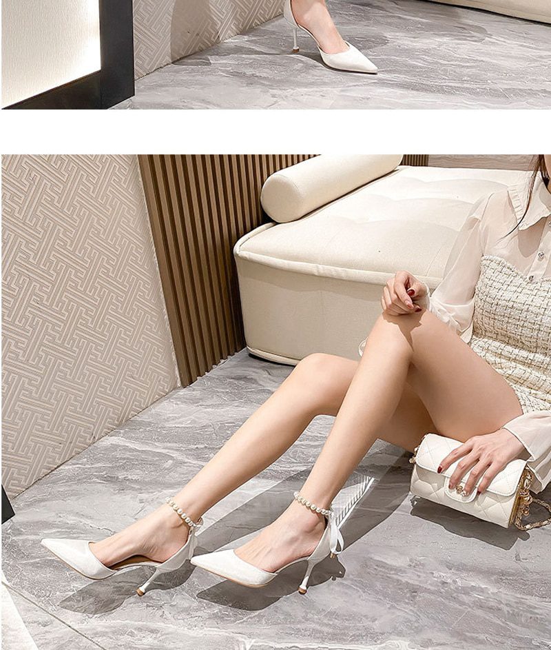 2022 Silk High Heels Pearl Ankle Strap Strappy Pumps Fashion Women Sexy Shallow Pointed Toe Stiletto Dress Wedding Shoes Bridal