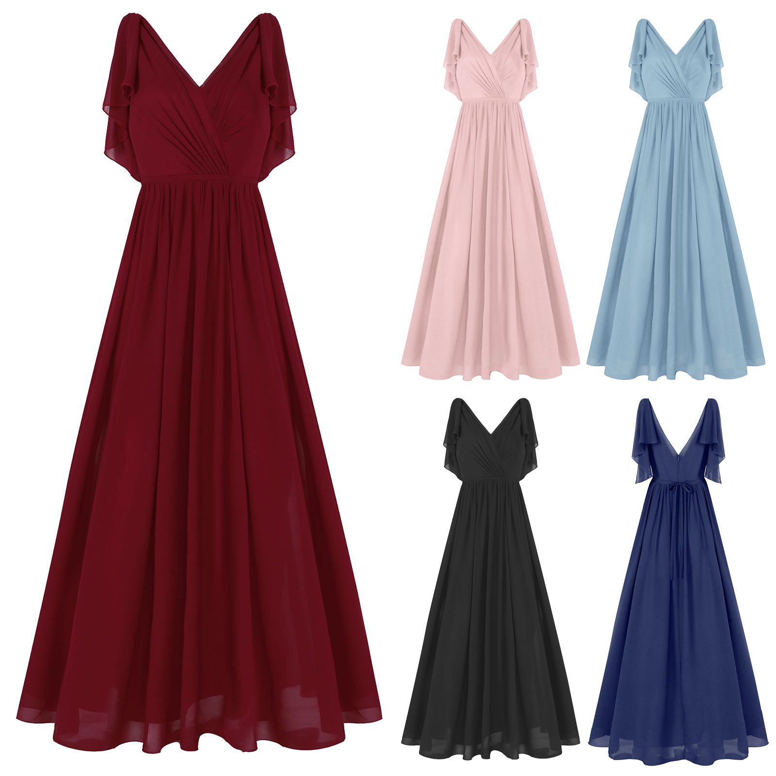 Bridesmaid Dresses Sexy Womens Ladies Deep V Neck Open Back Ruffled Chiffon Pageant Elegant Dress for Wedding Party Prom Gown