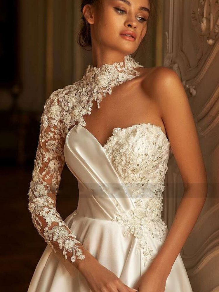 Elegant Off-The-Shoulder Boat Neck Open Back Floor-Length Wedding Dress