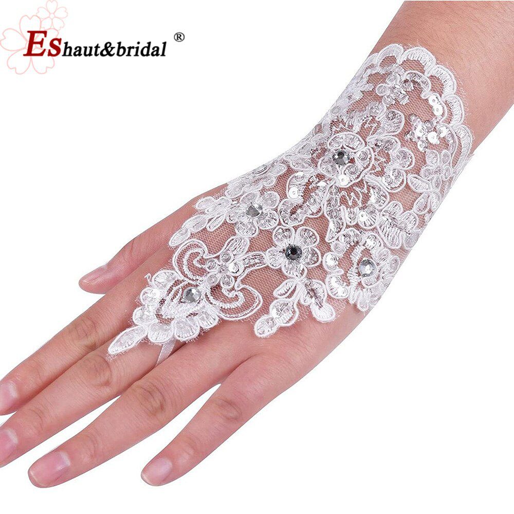 Elegant Ivory Lace Fingerless Rhinestone Bridal Gloves