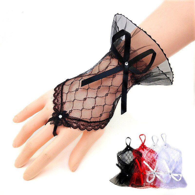 White Black Red Fingerless Lace Bow Gloves Wedding Accessories