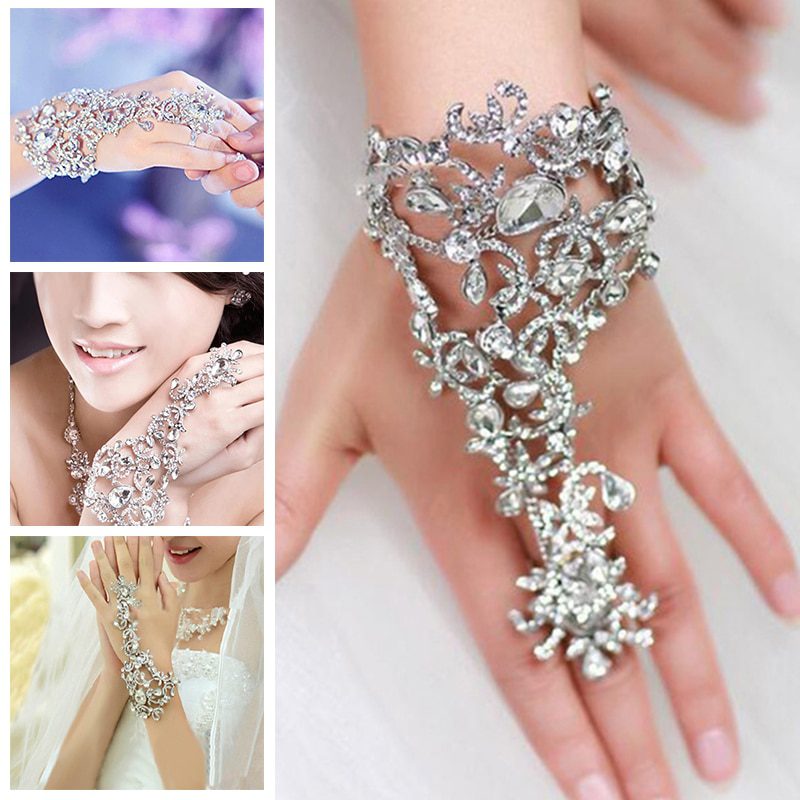 Luxury Elegant Crystal Rhinestones Bridal Gloves Bracelet Wedding Glove Bride Party Prom Jewelry Wristband Glove Decorate Gift