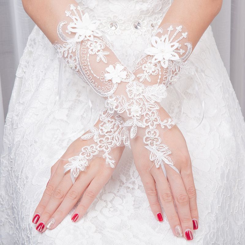 Women Wedding Fingerless Gloves Lace Faux Pearl Floral Applique Bowknot Mittens
