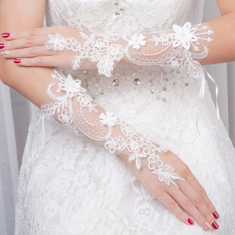 Lace Pearl Floral Applique Wedding Fingerless Gloves