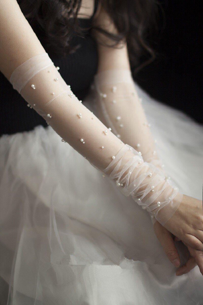 Long Tulle Pearls Wedding Gloves