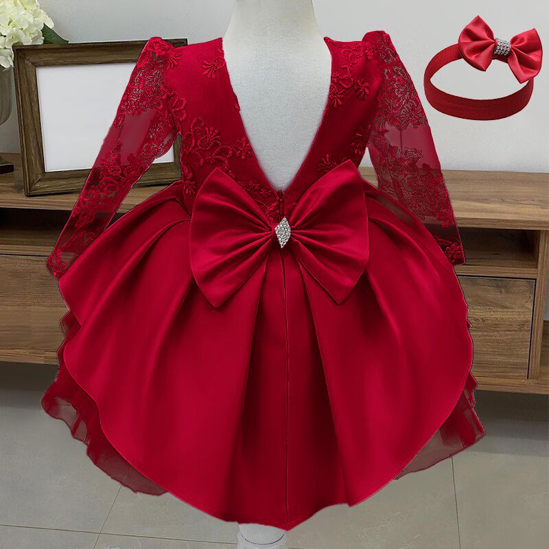 Red Embroidery Floral Long Sleeve Flower Girl Dress