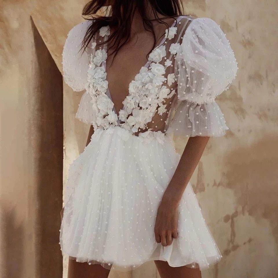 V-Neck Half Sleeves Pearls Flowers Backless Illusion Short Wedding Dress